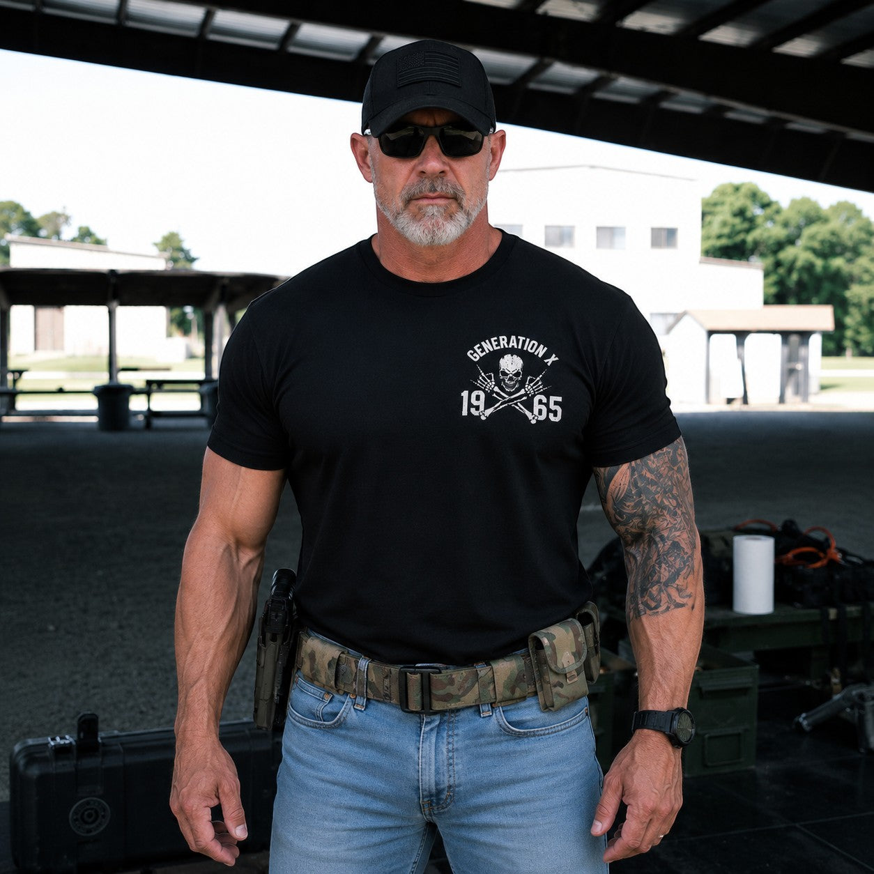 WearTheJoke.com black cotton t-shirt with Generation X 1965 skull graphic worn by a man in a tactical setting