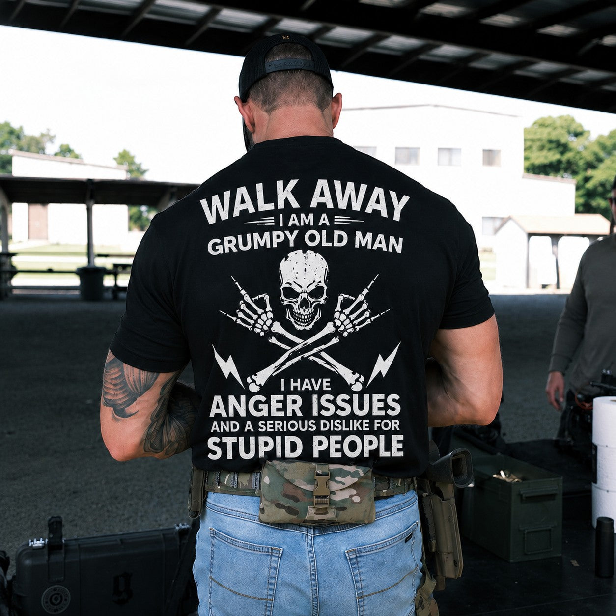 WearTheJoke.com black cotton t-shirt with Grumpy Old Man skull graphic and humorous text on the back