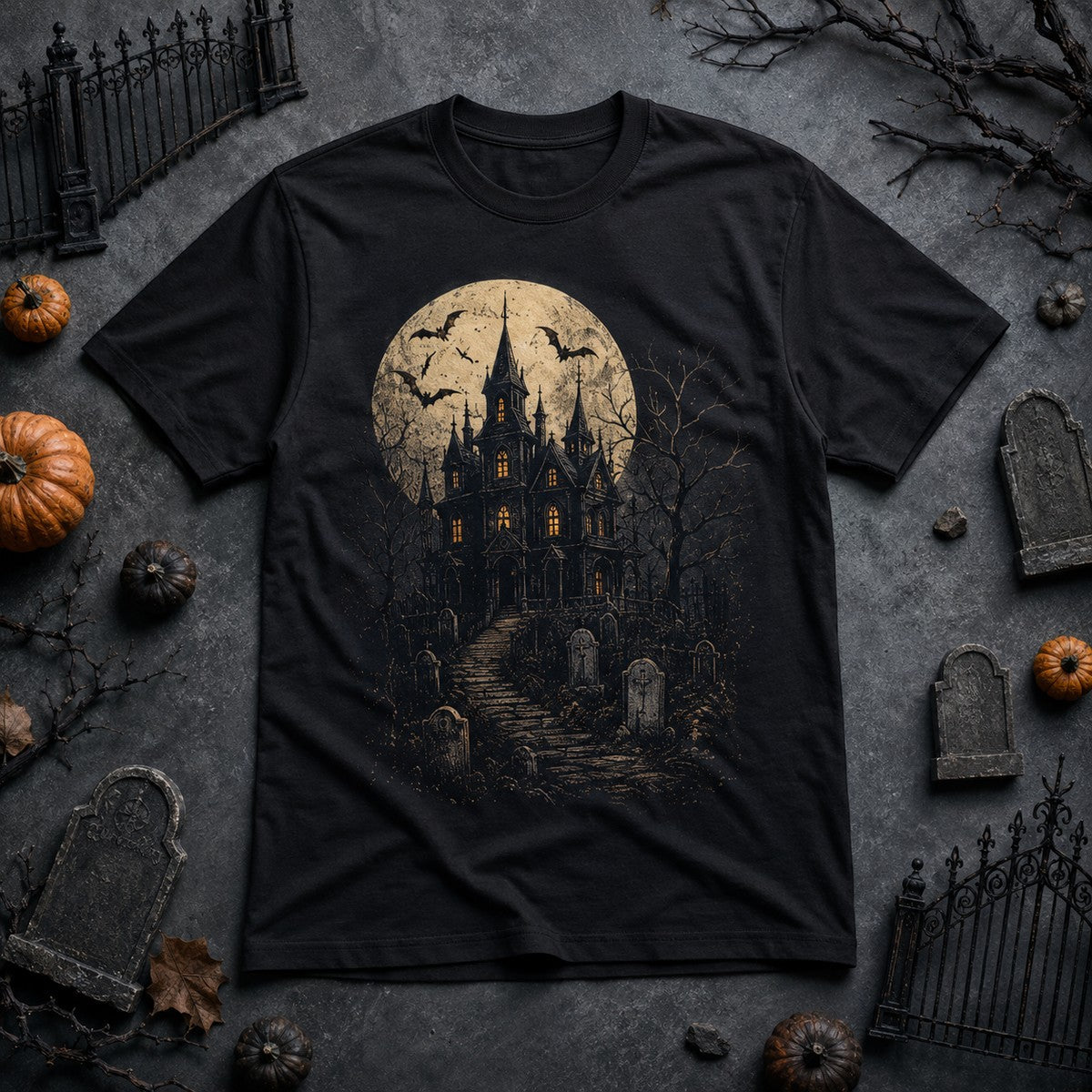 WearTheJoke.com black cotton t-shirt featuring a haunted house, full moon, and bats graphic for Halloween.