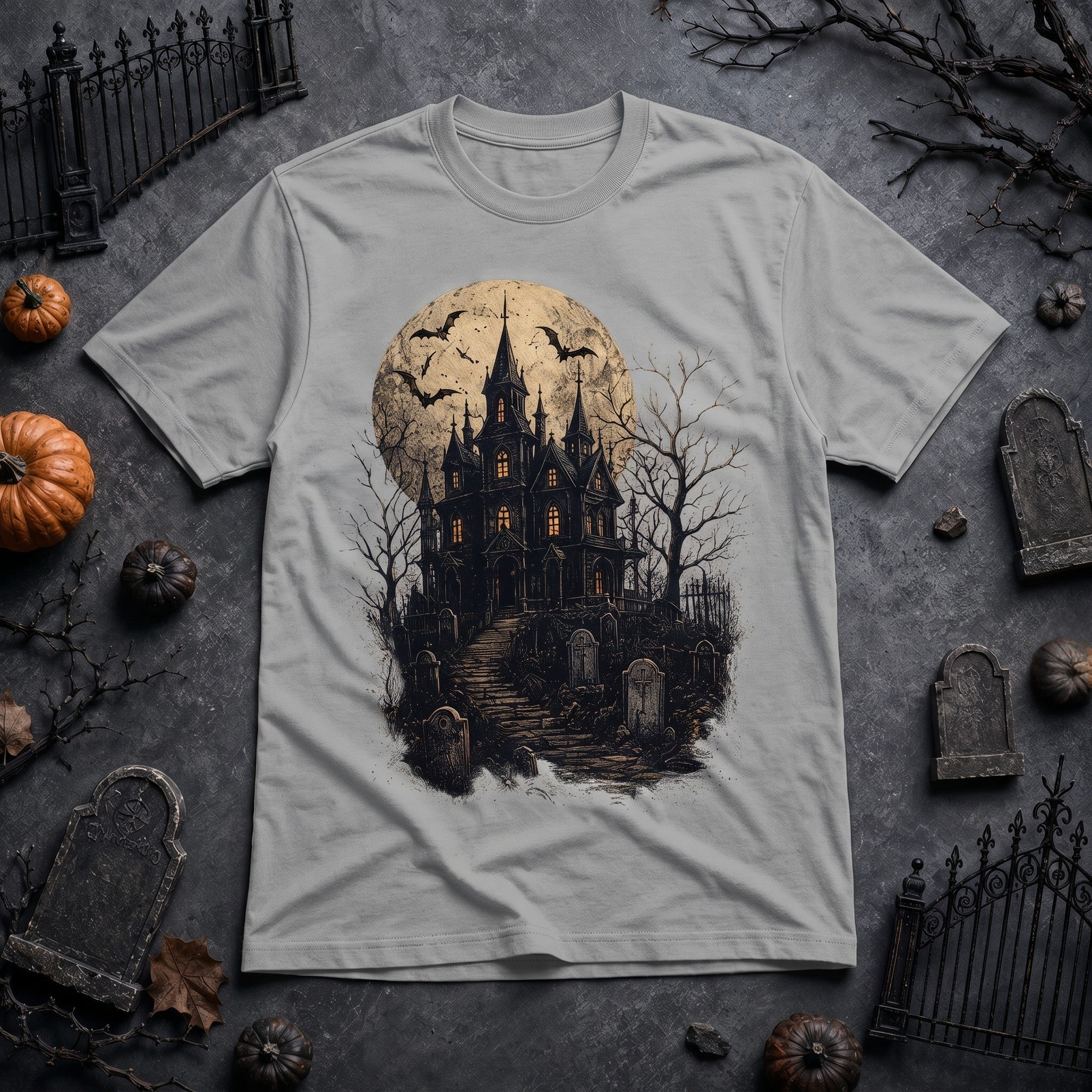 WearTheJoke.com grey crew neck t-shirt featuring a spooky haunted house, full moon, and bats graphic print.