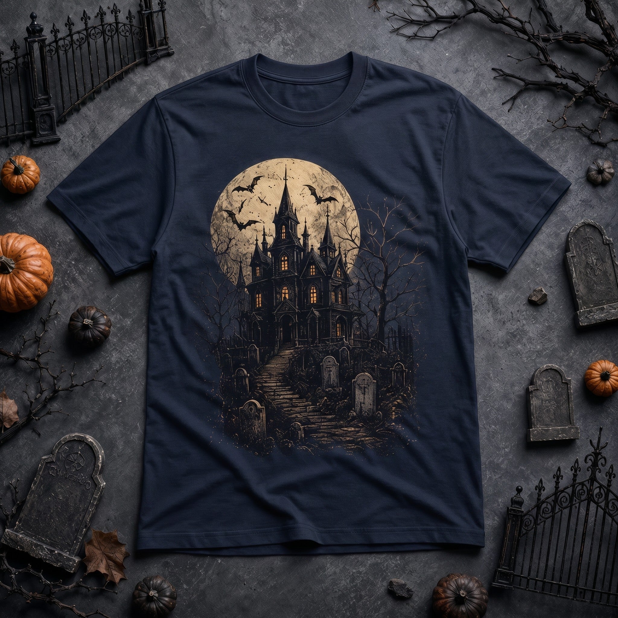 WearTheJoke.com navy blue Halloween t-shirt featuring a spooky haunted house, graveyard, and full moon graphic.