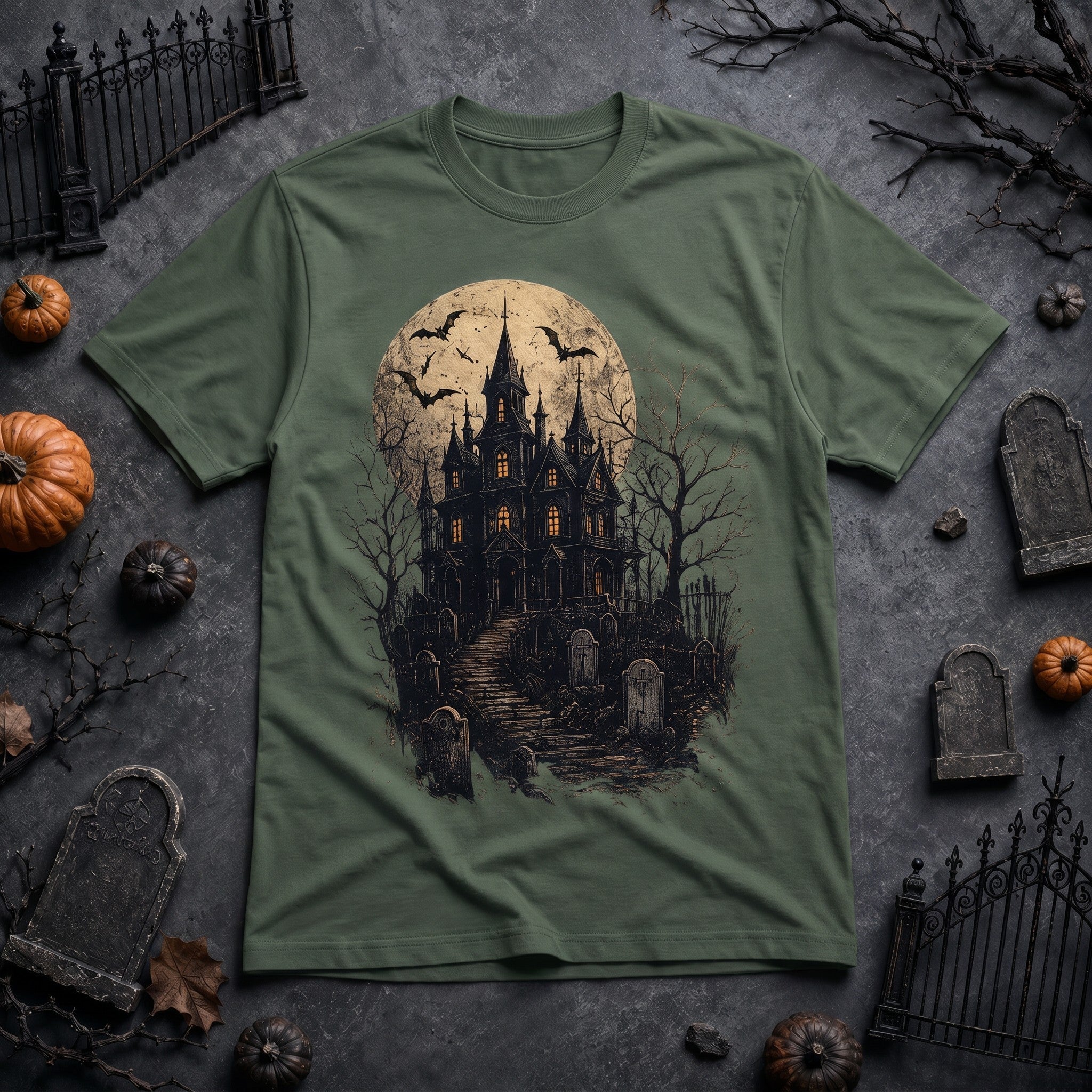 WearTheJoke.com olive green crew neck t-shirt featuring a spooky haunted house, graveyard, and full moon graphic.