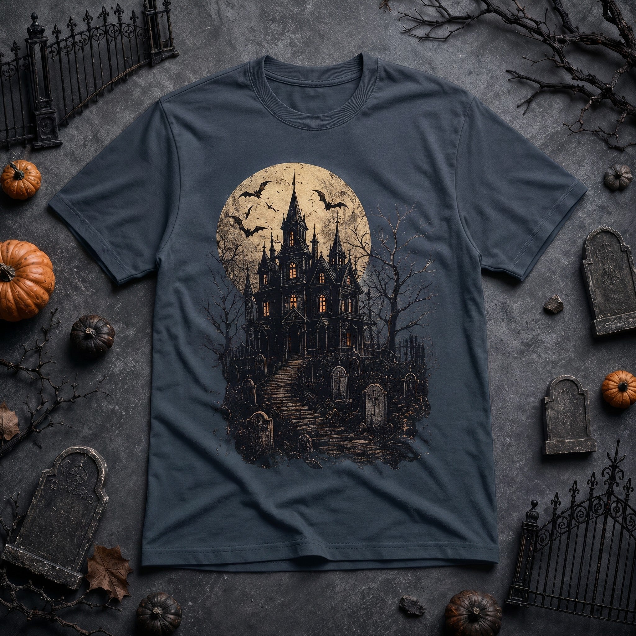 WearTheJoke.com charcoal grey cotton t-shirt featuring a spooky haunted house, full moon, and bats graphic print.