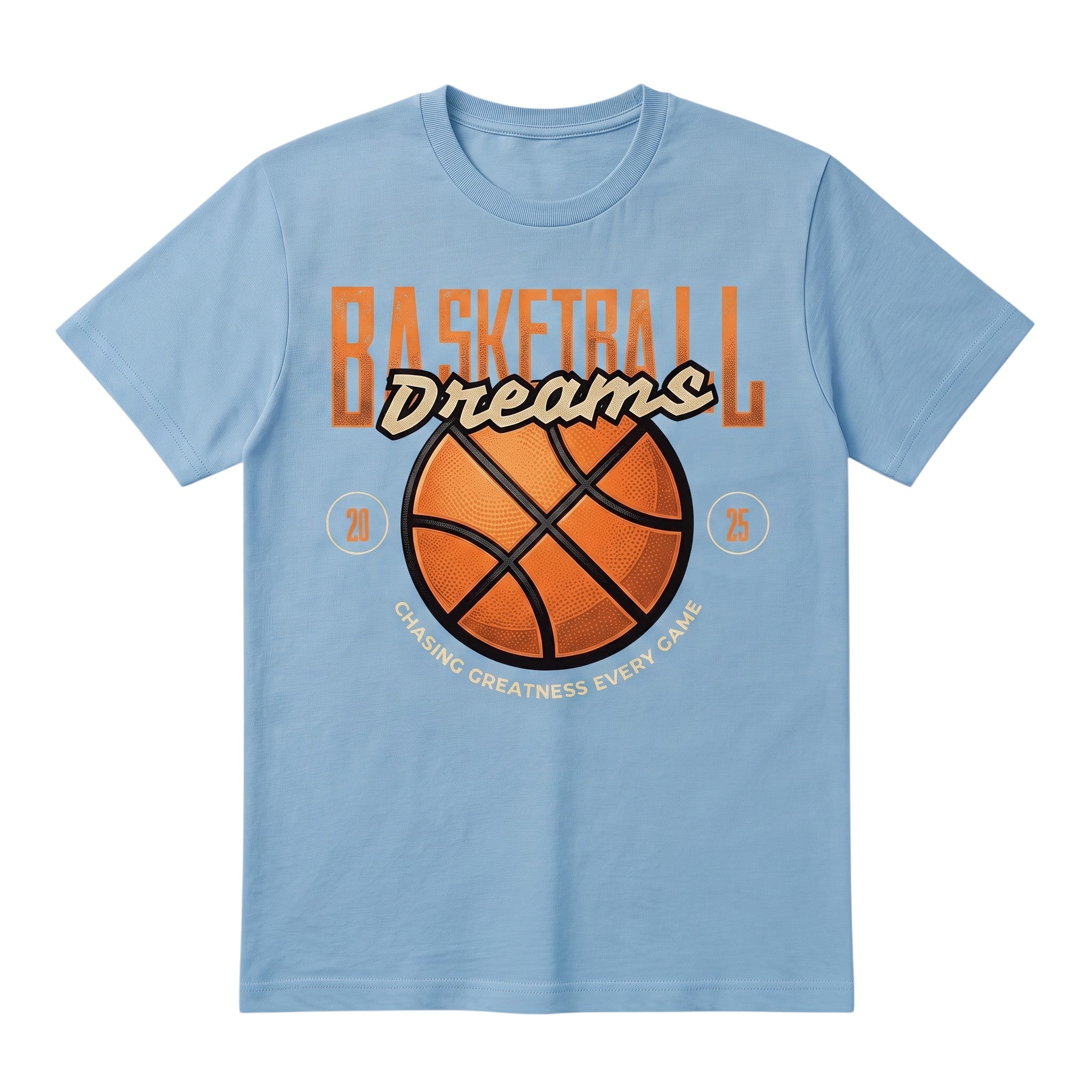 WearTheJoke.com light blue graphic t-shirt featuring a basketball and the text Chasing Greatness Every Game.