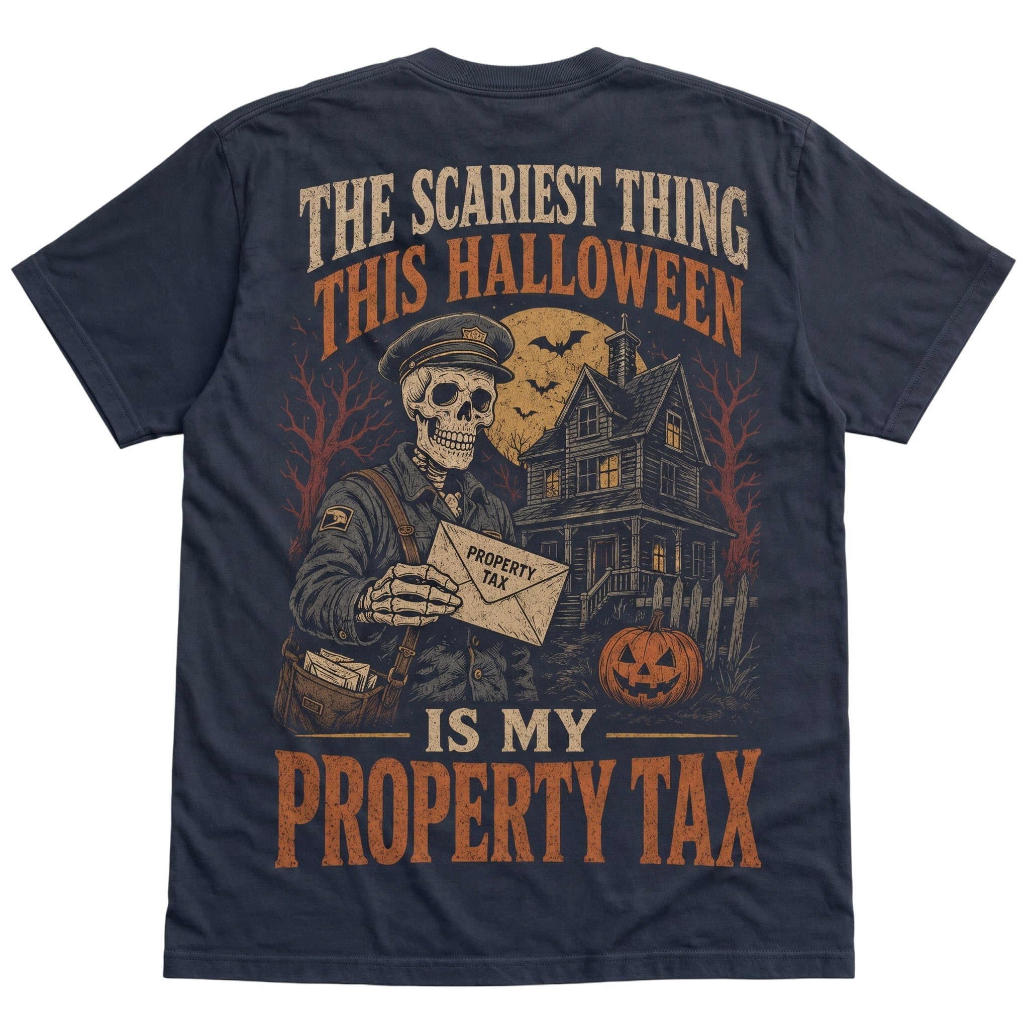 WearTheJoke.com navy blue cotton Halloween t-shirt with vintage skeleton mailman and haunted house graphic print