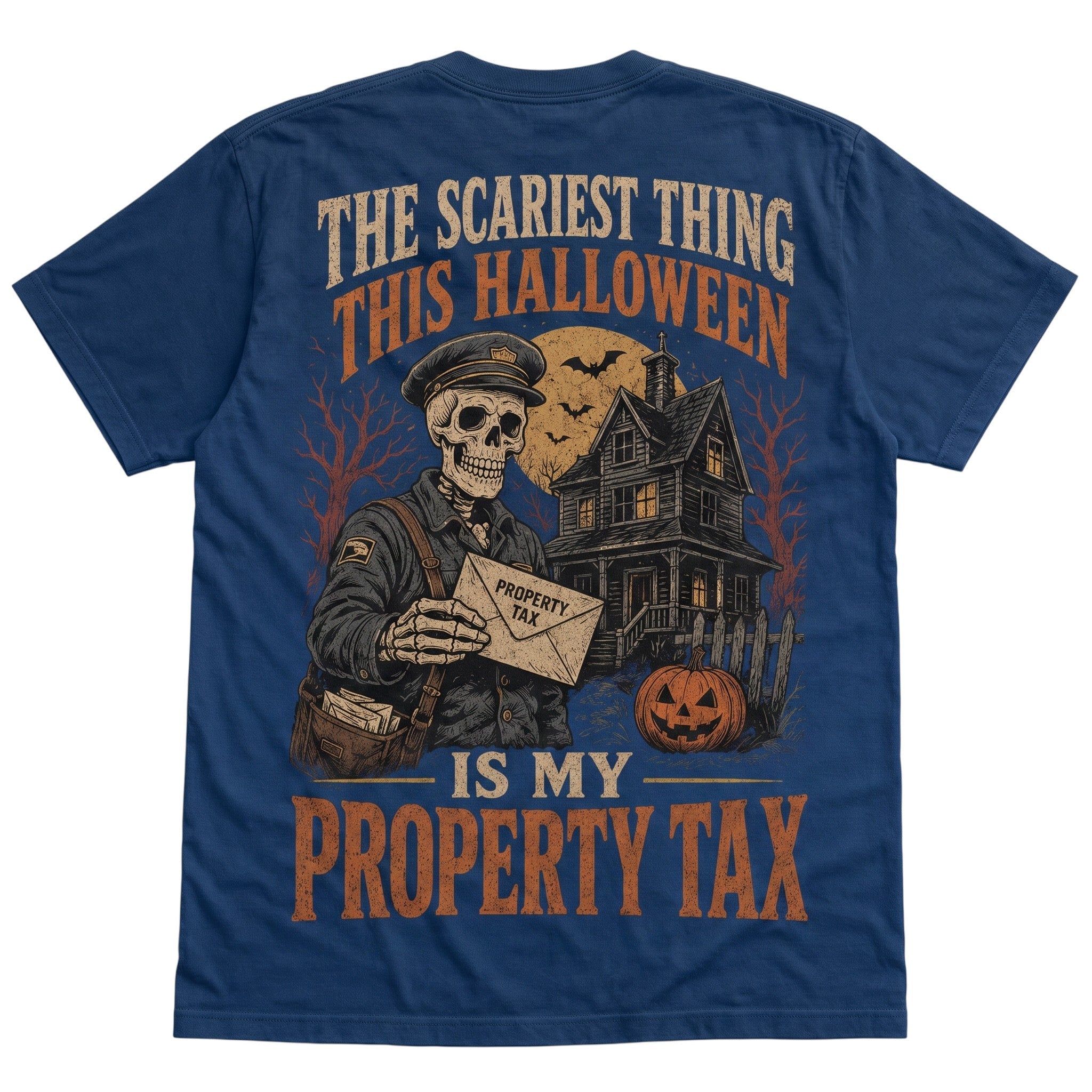 WearTheJoke.com navy blue 100% cotton Halloween t-shirt featuring a skeleton mailman and haunted house graphic.