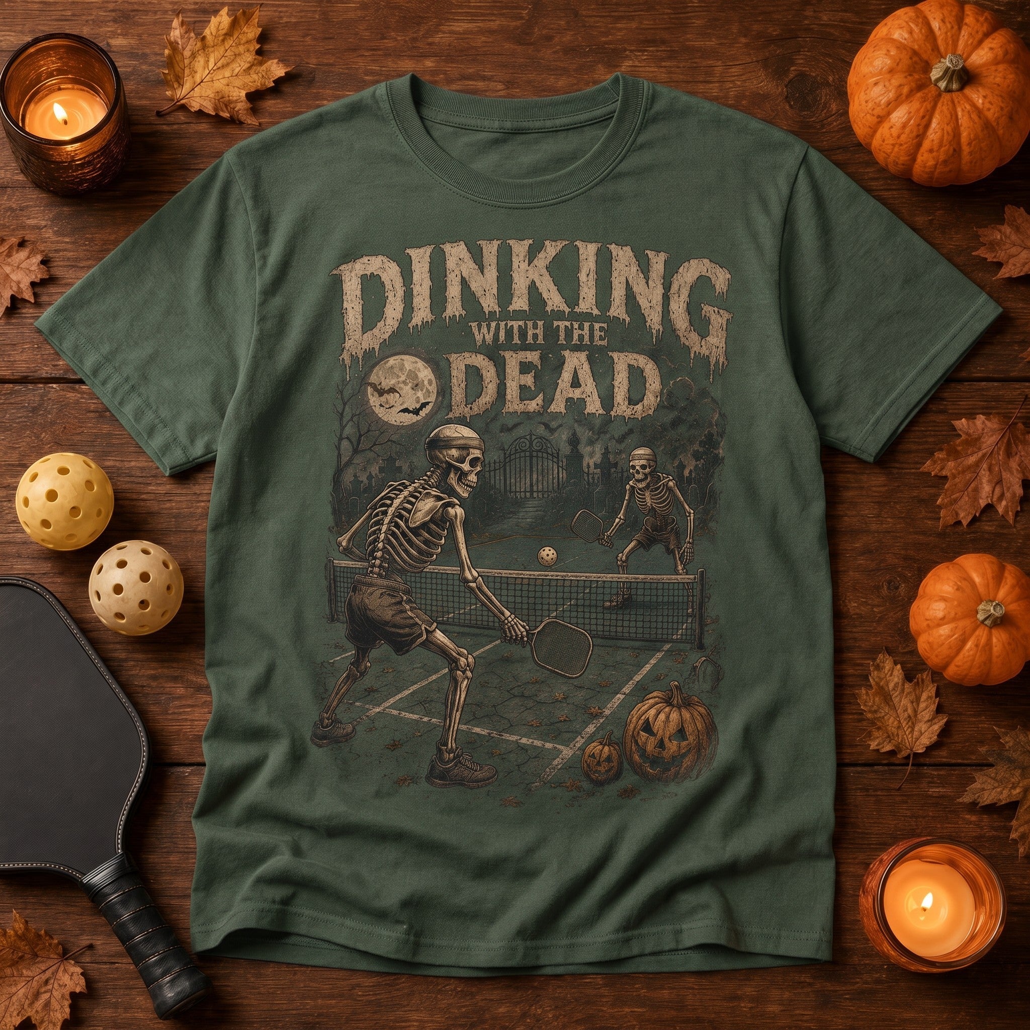 WearTheJoke.com olive green Halloween pickleball t-shirt with skeleton players graphic and distressed vintage print.