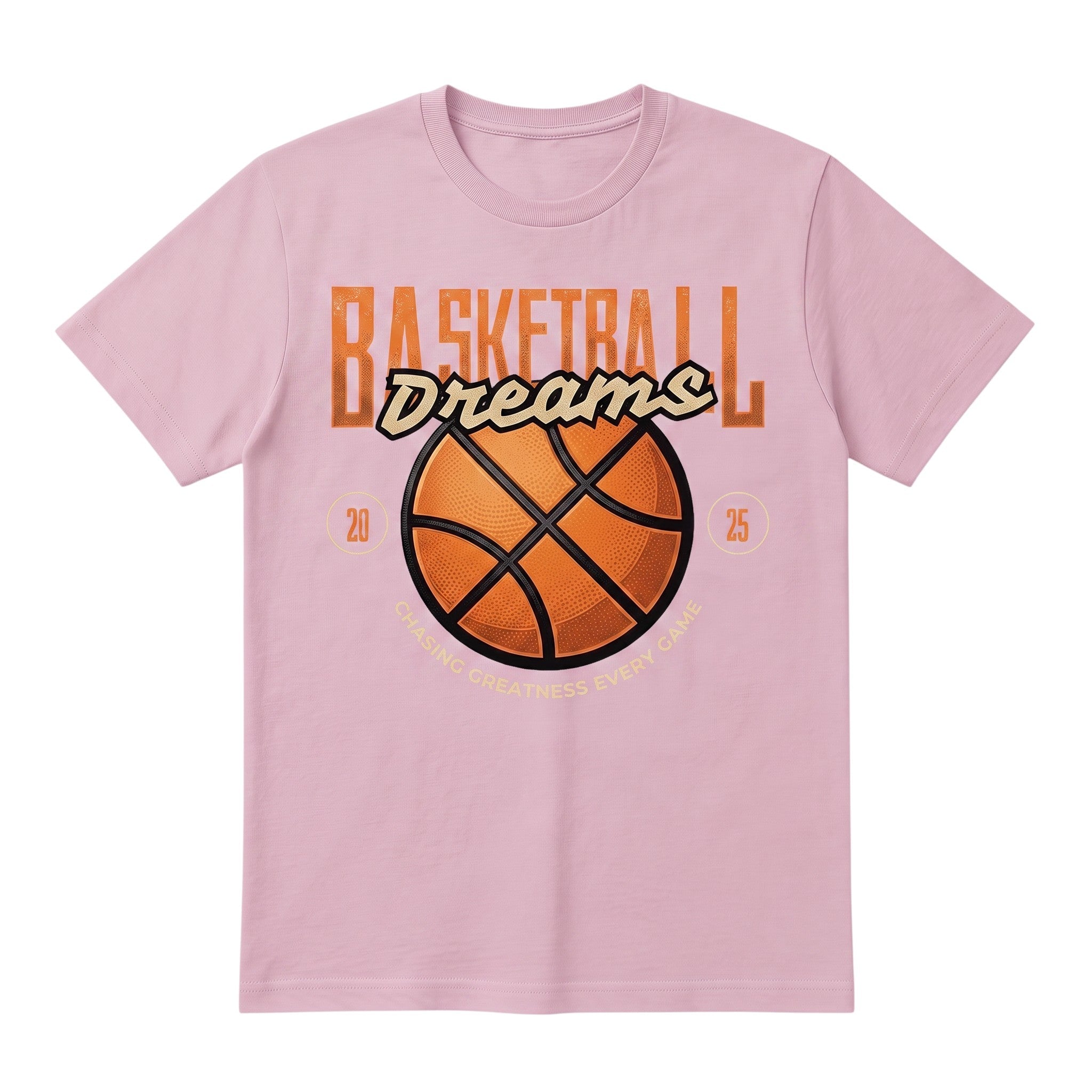WearTheJoke.com light pink basketball graphic t-shirt with Chasing Greatness Every Game text and basketball illustration.