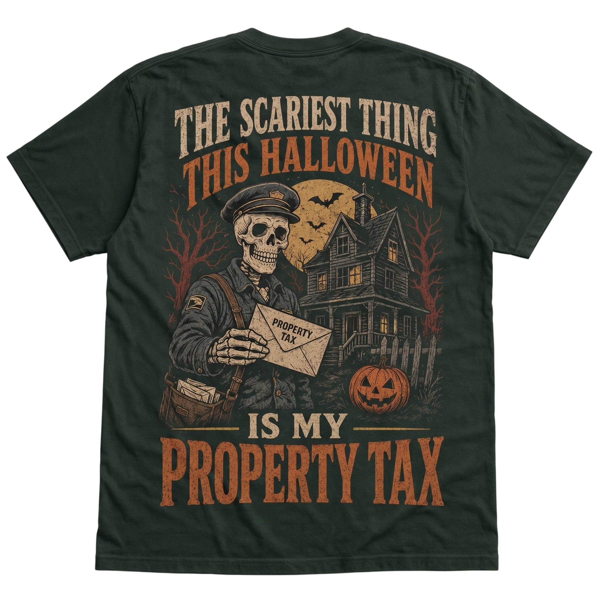 WearTheJoke.com dark green cotton Halloween t-shirt featuring a skeleton mailman and haunted house graphic.