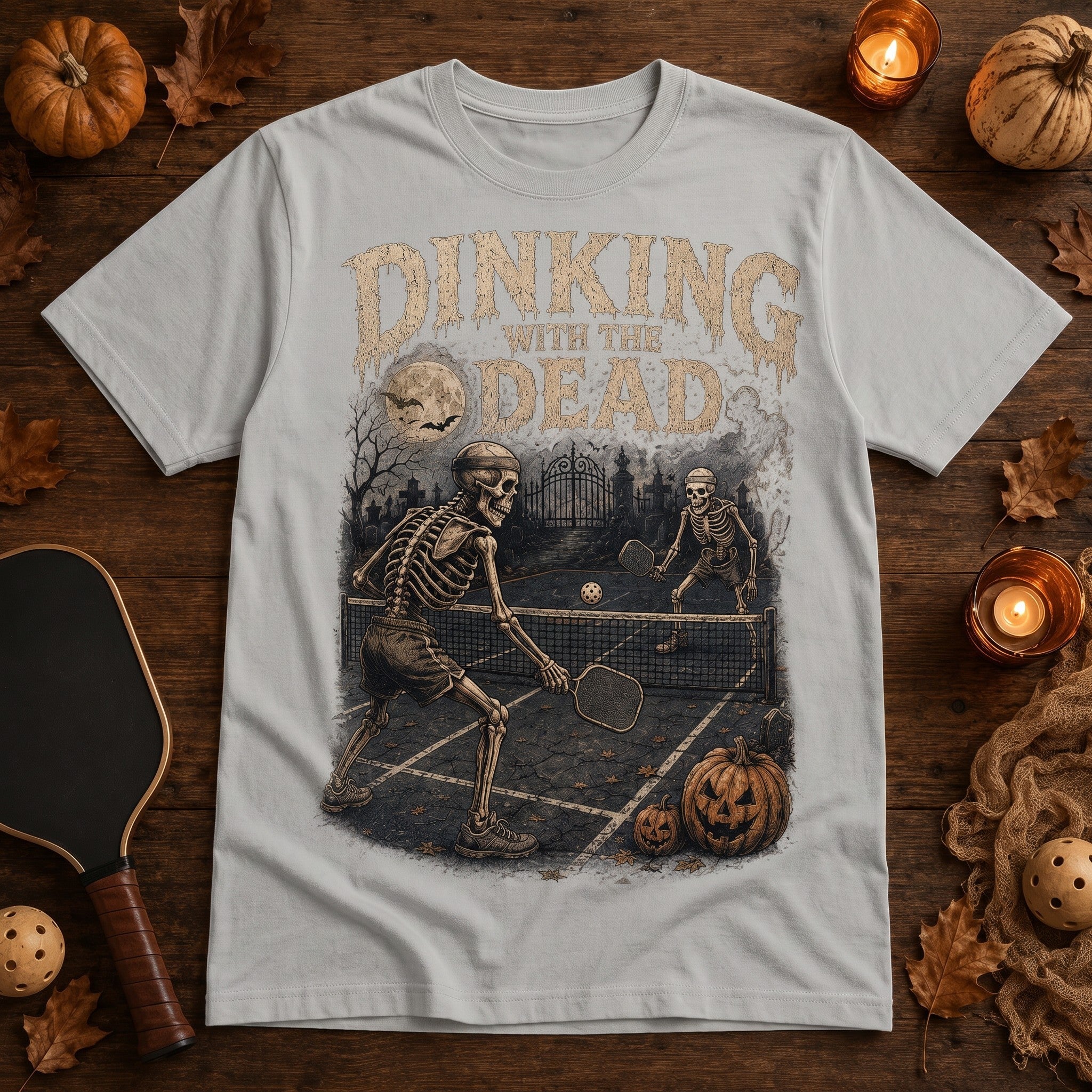 WearTheJoke.com grey Halloween pickleball t-shirt with vintage skeleton graphic playing on a moonlit graveyard court