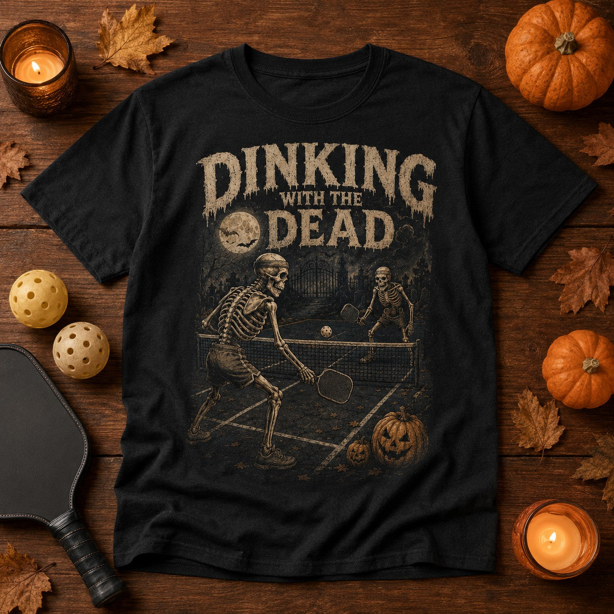WearTheJoke.com black cotton t-shirt featuring a vintage skeleton pickleball graphic for Halloween.