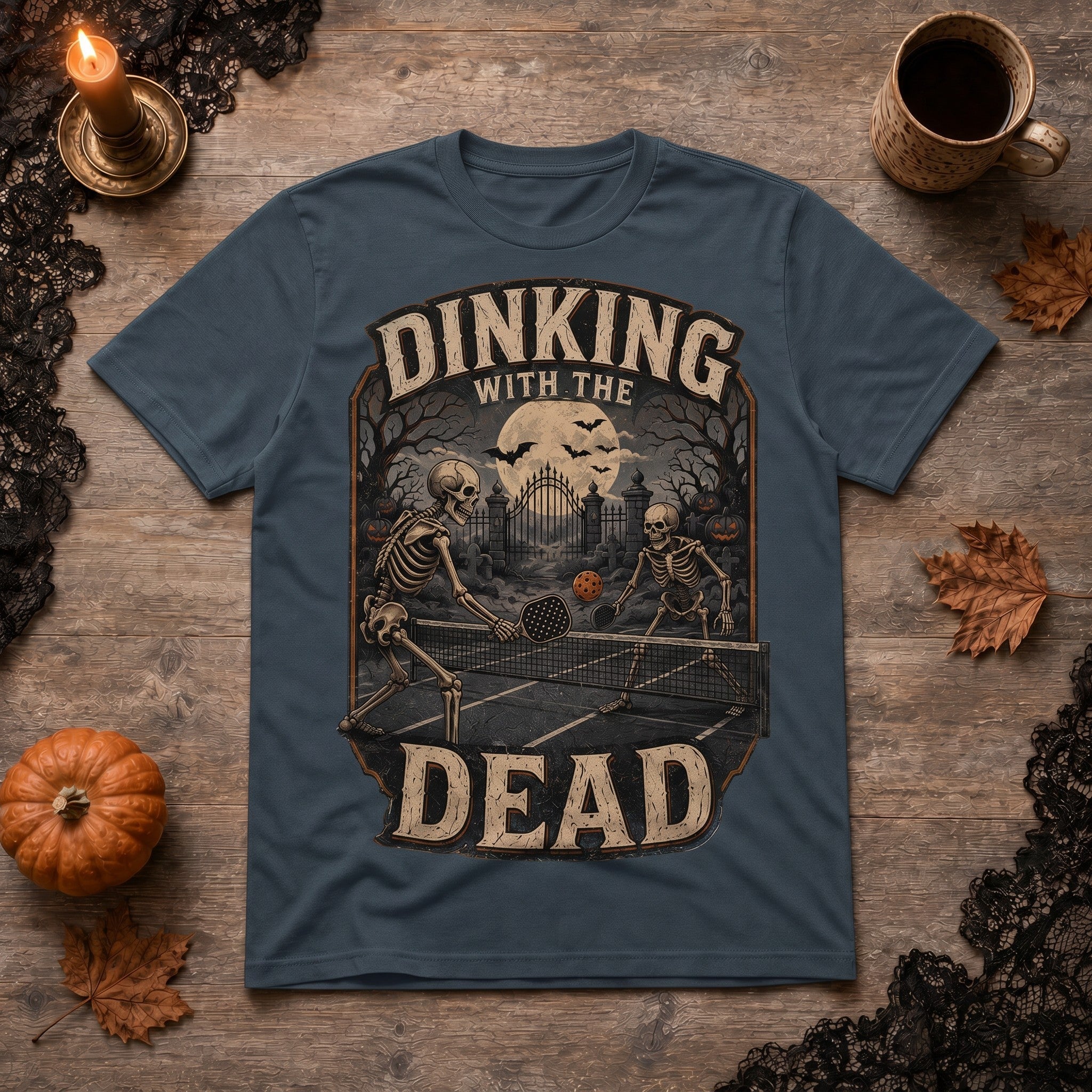 WearTheJoke.com dark grey cotton t-shirt featuring a vintage skeleton pickleball graphic for Halloween.